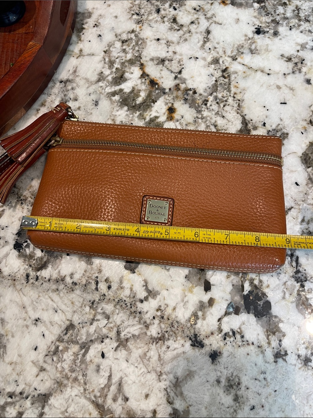 Dooney & Bourke Cognac Pebbled Leather Wristlet with Tassels - Picture 7 of 9